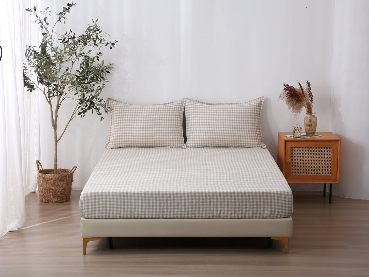 Linen Fitted Sheet - Beige Gingham