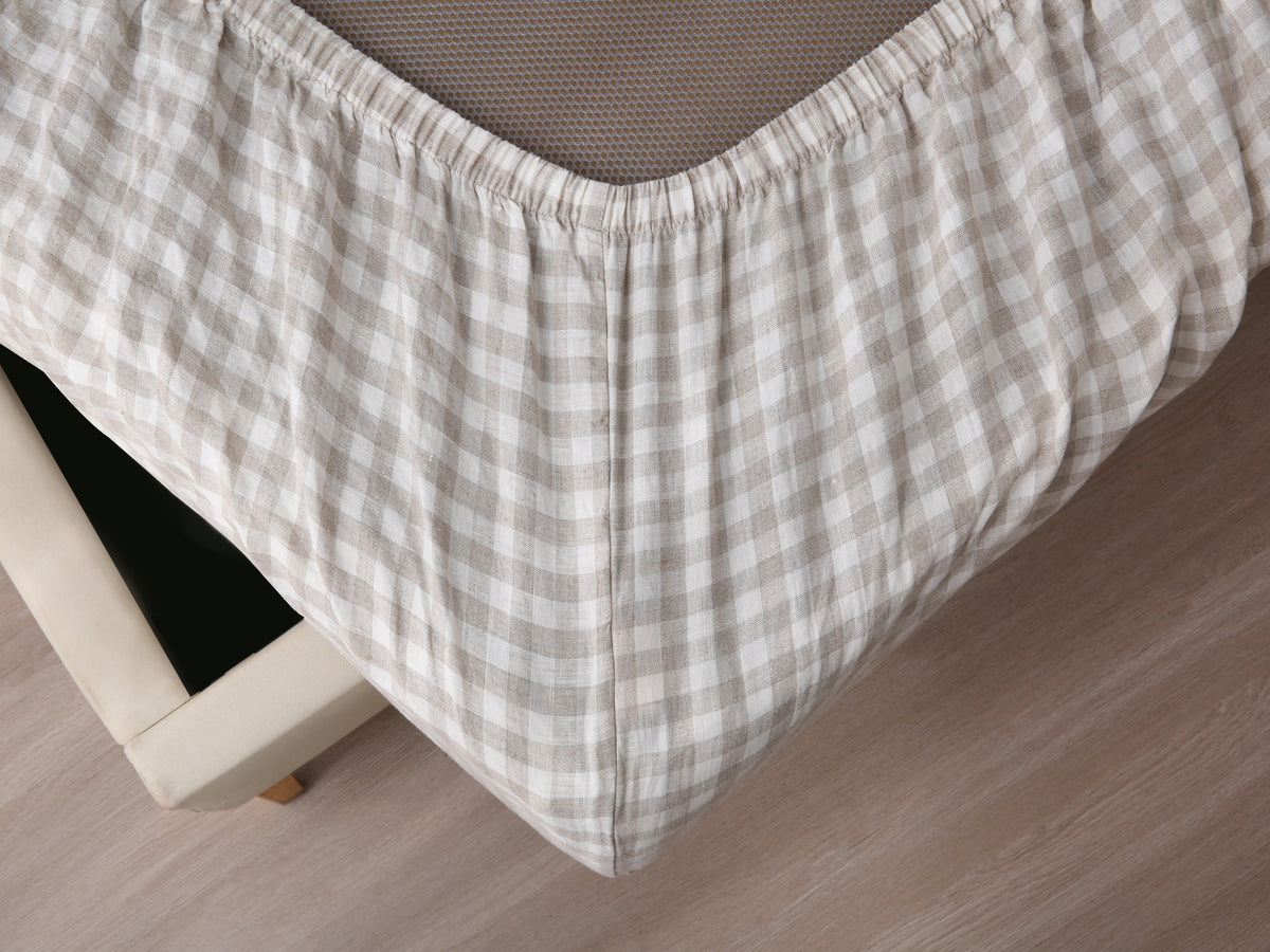 Linen Fitted Sheet - Beige Gingham