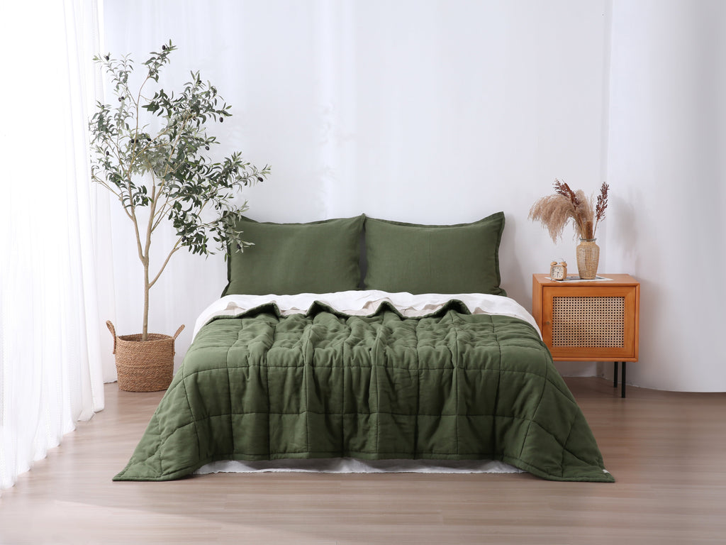 Quilted Linen Blanket - Forest + Sand