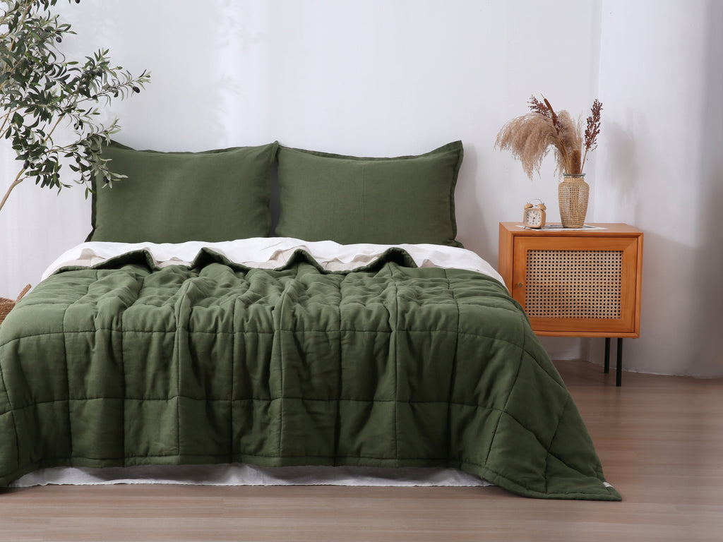 Quilted Linen Blanket - Forest + Sand