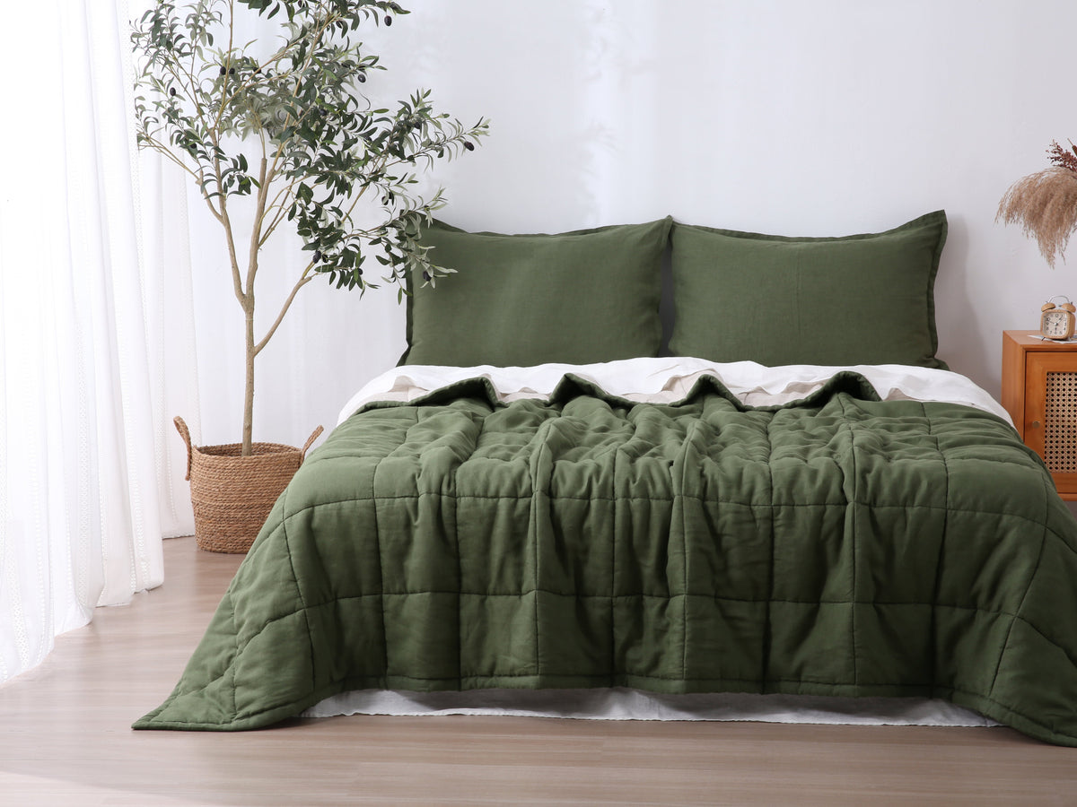 Quilted Linen Blanket - Forest + Sand