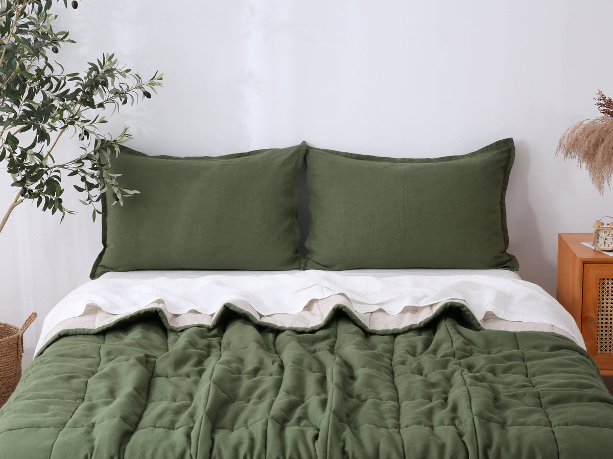 Quilted Linen Blanket - Forest + Sand