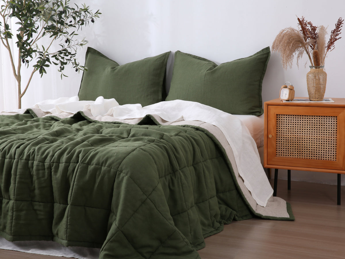 Quilted Linen Blanket - Forest + Sand