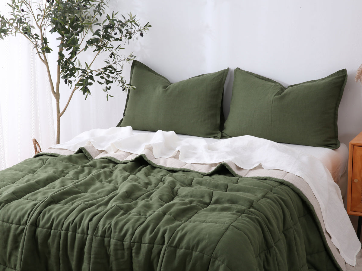 Quilted Linen Blanket - Forest + Sand