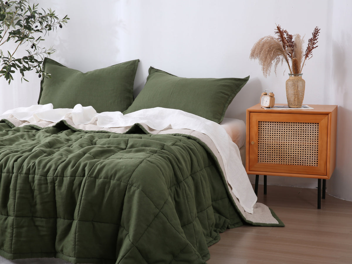 Quilted Linen Blanket - Forest + Sand