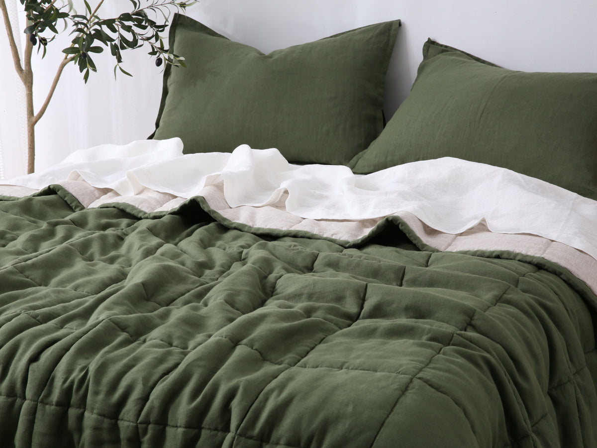 Quilted Linen Blanket - Forest + Sand