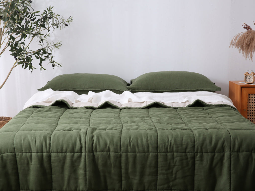 Quilted Linen Blanket - Forest + Sand