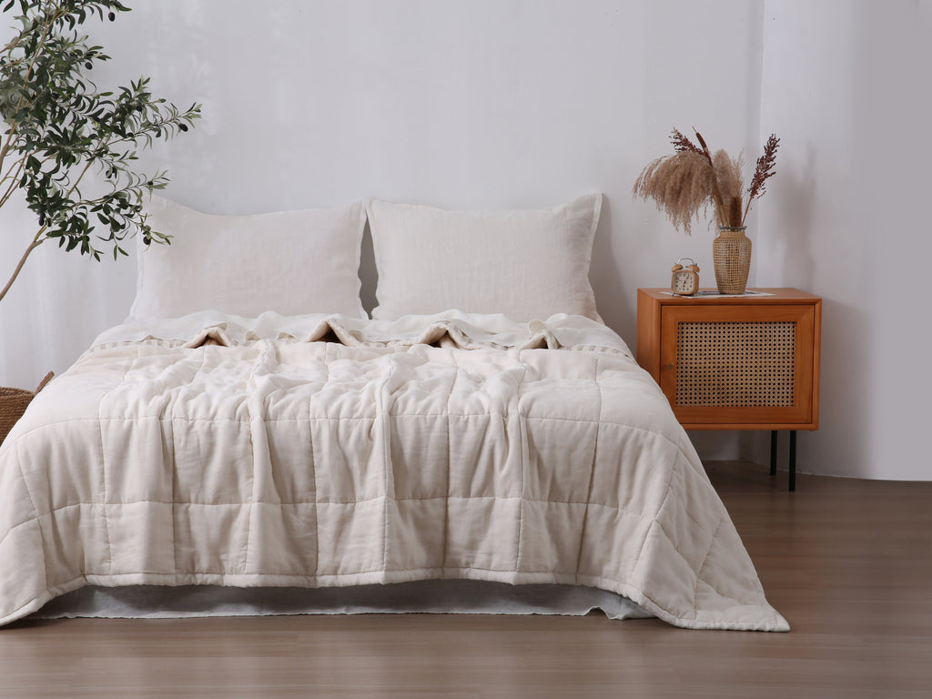 Quilted Linen Blanket - Cloud + Sand Stripe