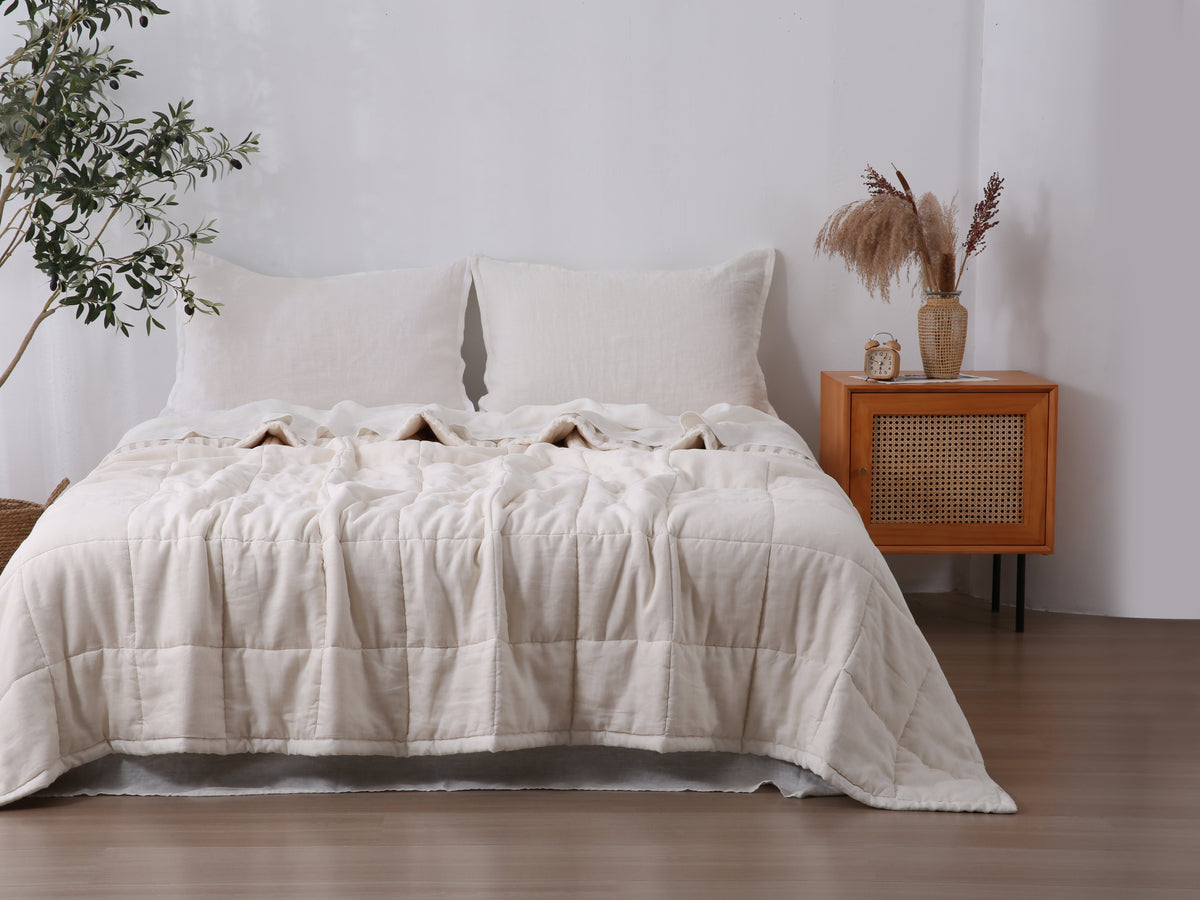 Quilted Linen Blanket - Cloud + Sand Stripe