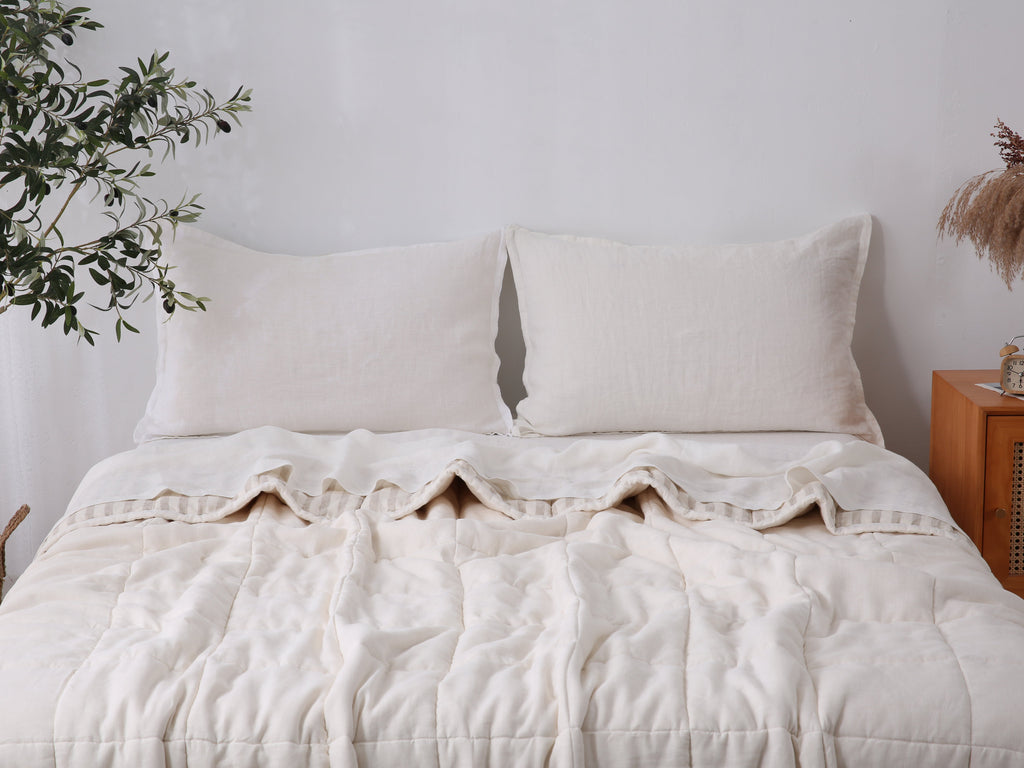 Quilted Linen Blanket - Cloud + Sand Stripe
