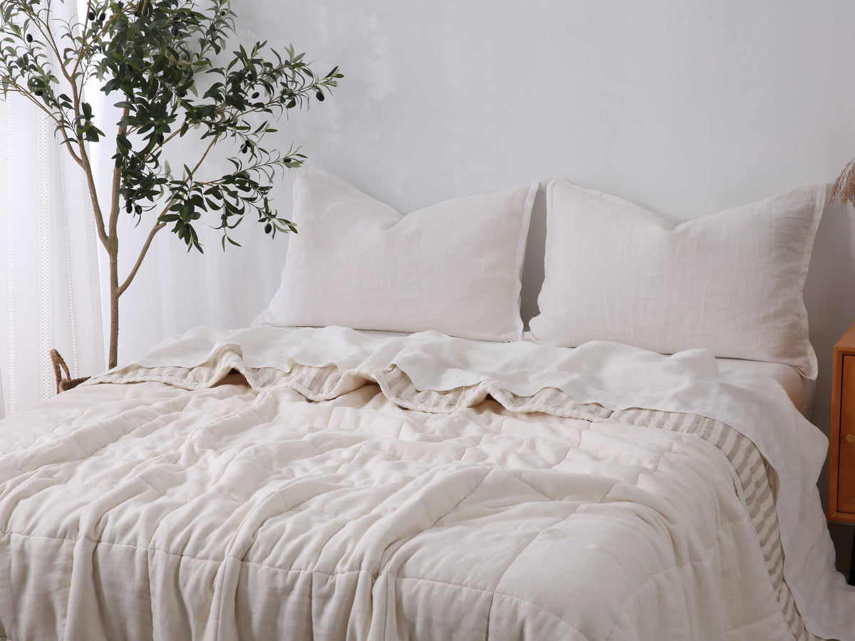 Quilted Linen Blanket - Cloud + Sand Stripe
