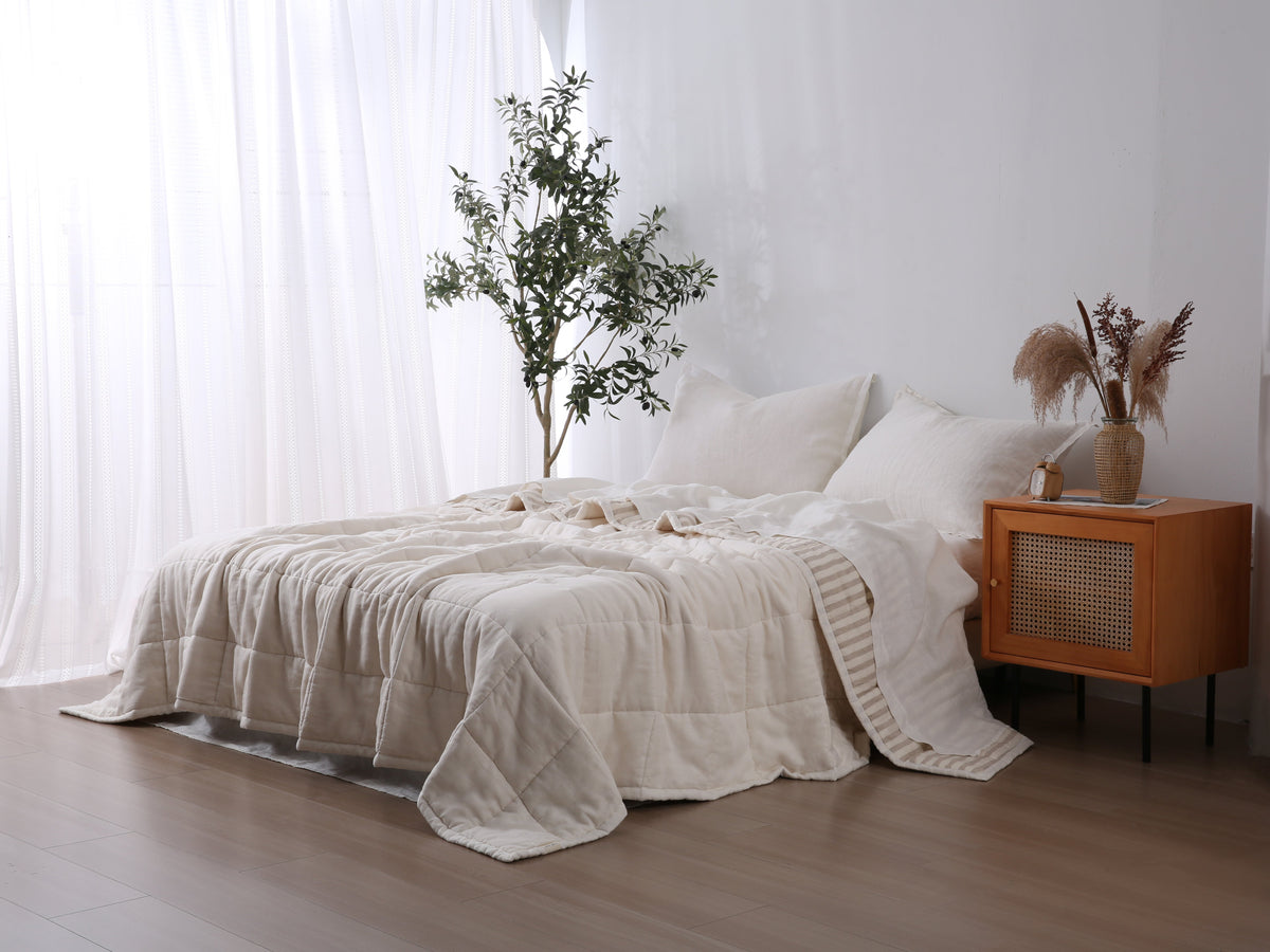 Quilted Linen Blanket - Cloud + Sand Stripe