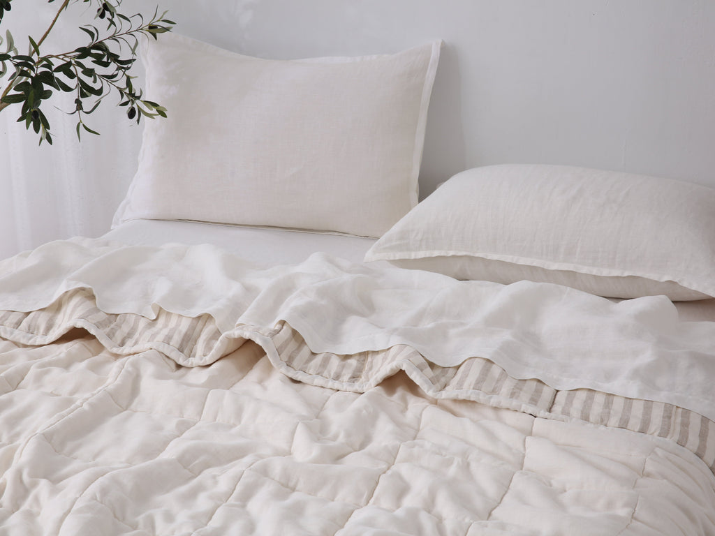 Quilted Linen Blanket - Cloud + Sand Stripe