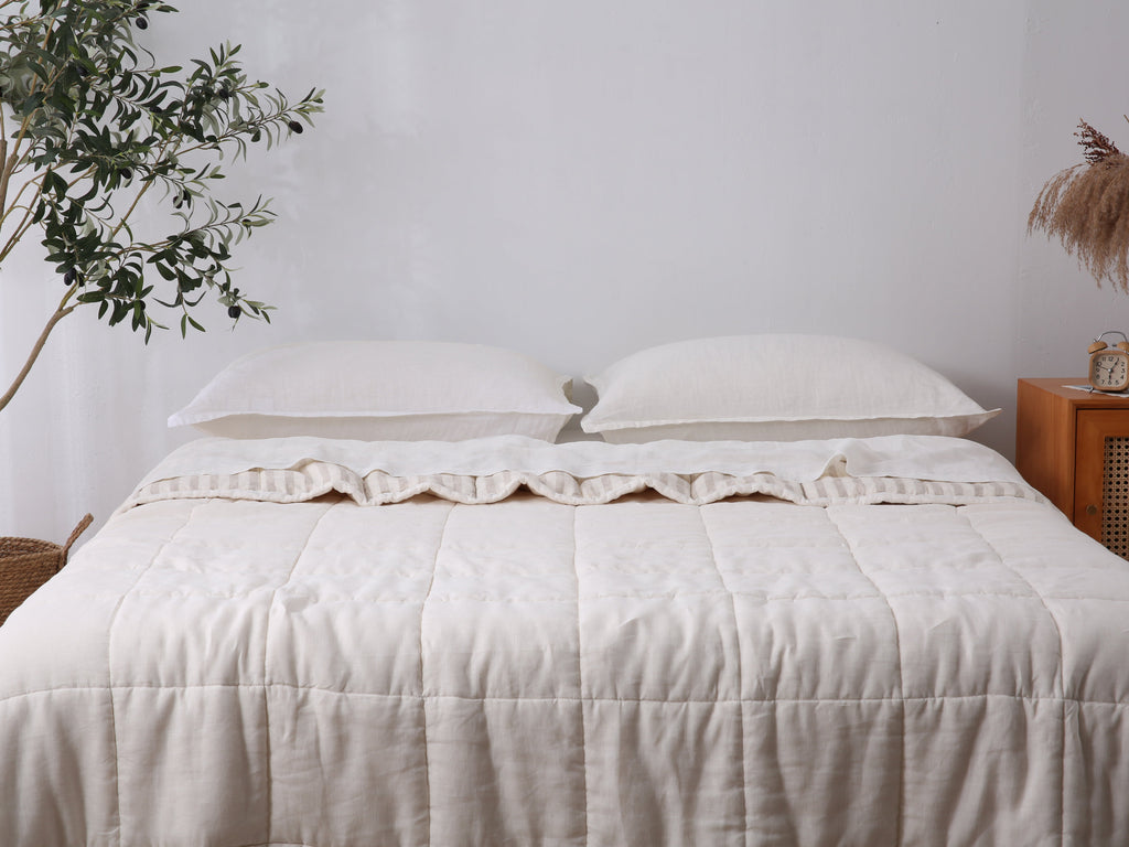 Quilted Linen Blanket - Cloud + Sand Stripe