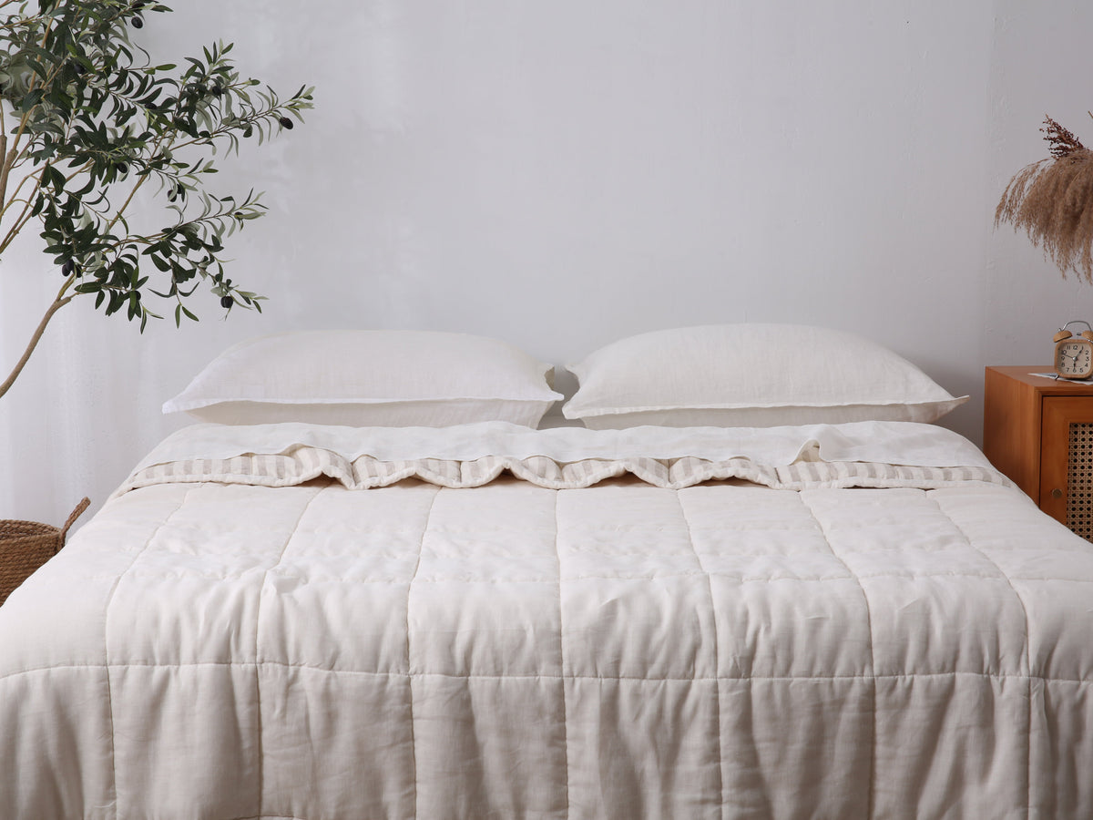 Quilted Linen Blanket - Cloud + Sand Stripe