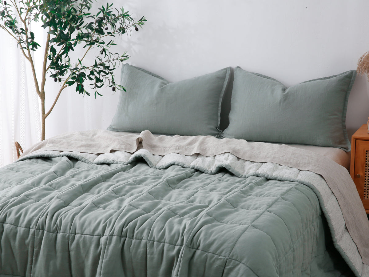 Quilted Linen Blanket - Sage + Pinstripe