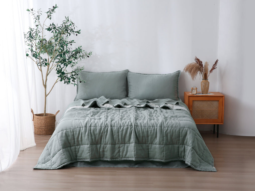Quilted Linen Blanket - Sage + Pinstripe