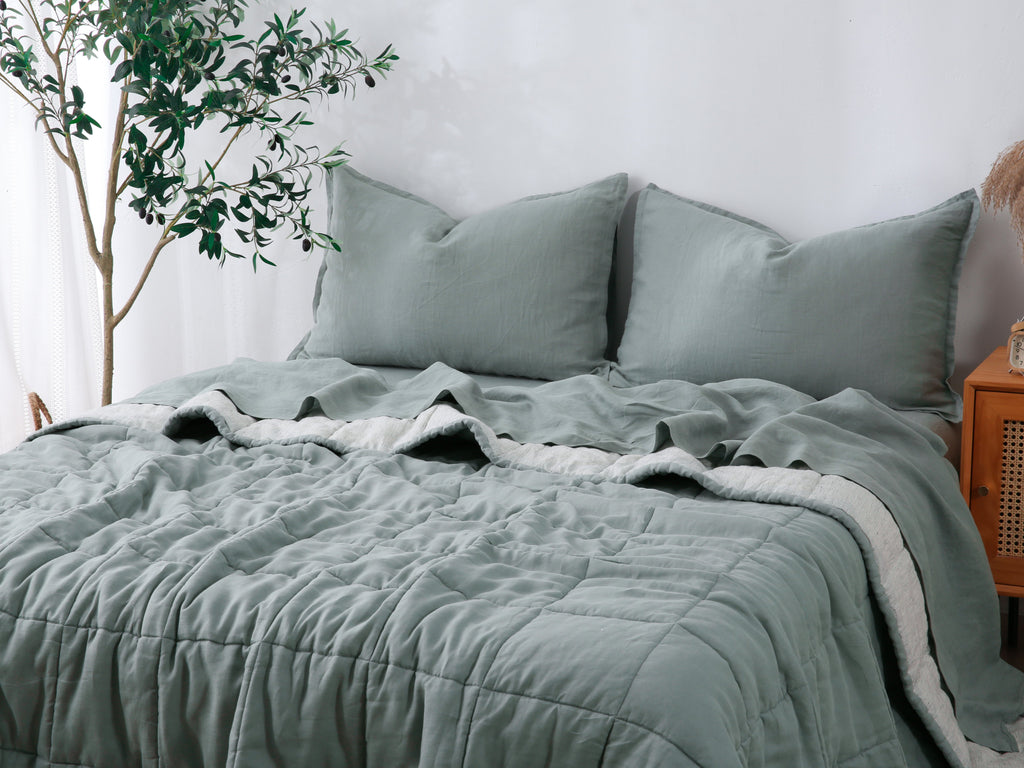 Quilted Linen Blanket - Sage + Pinstripe