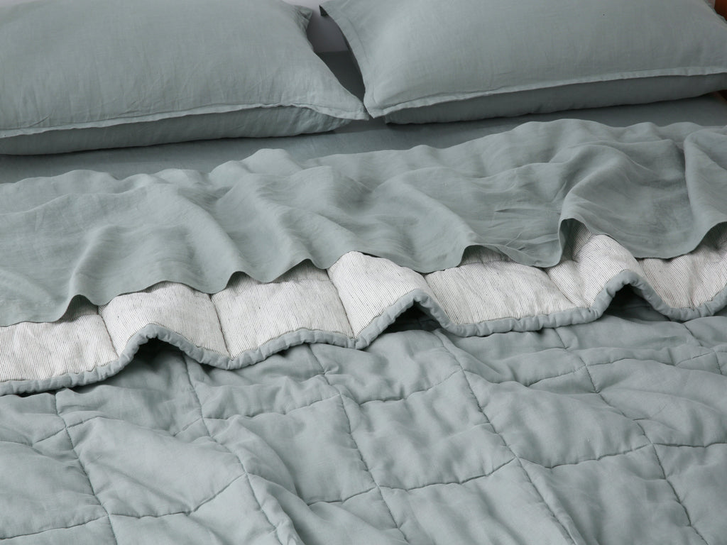 Quilted Linen Blanket - Sage + Pinstripe