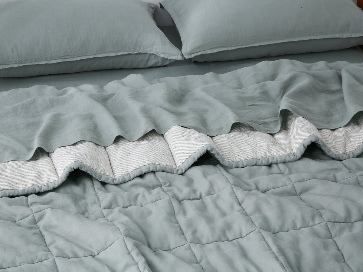 Quilted Linen Blanket - Sage + Pinstripe
