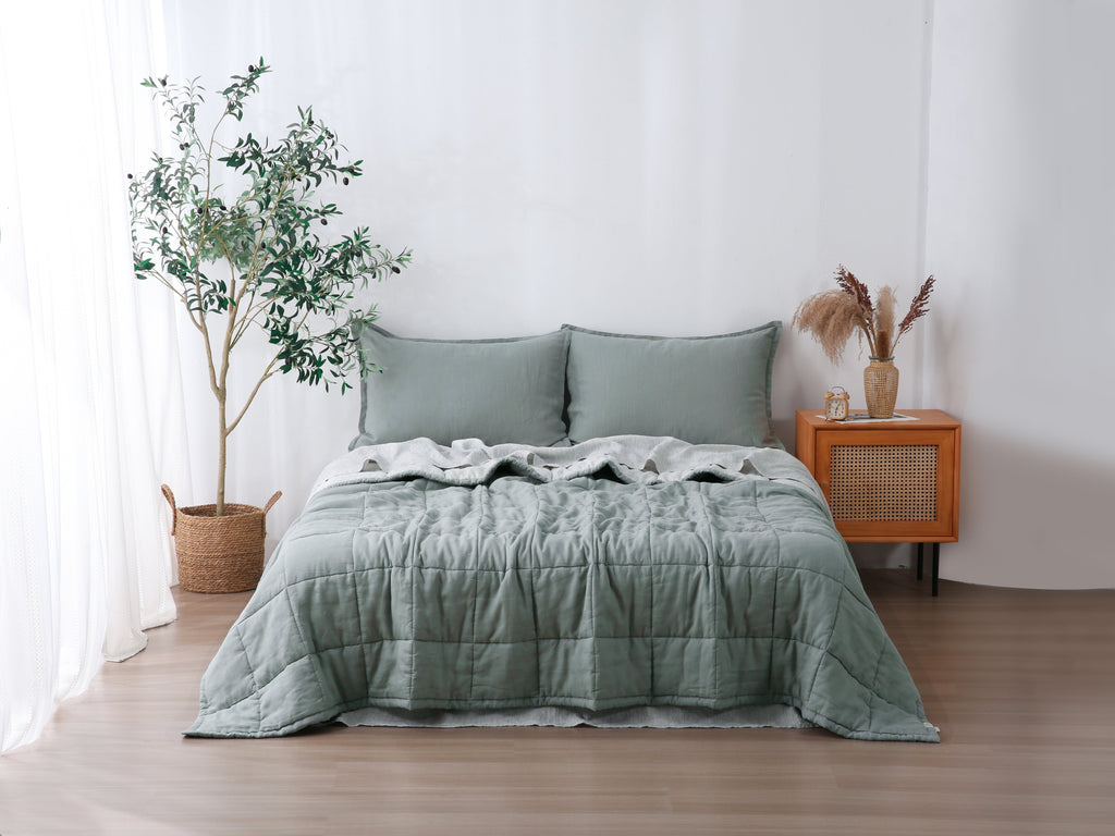 Quilted Linen Blanket - Sage + Pinstripe