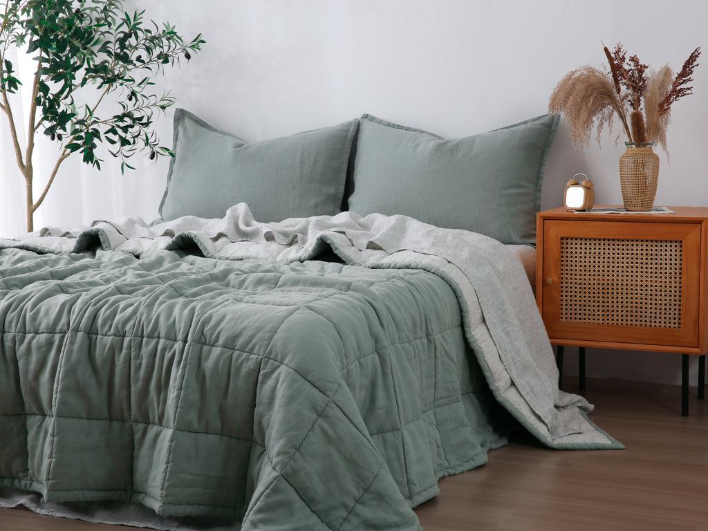 Quilted Linen Blanket - Sage + Pinstripe