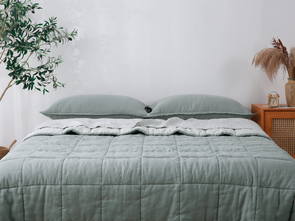 Quilted Linen Blanket - Sage + Pinstripe