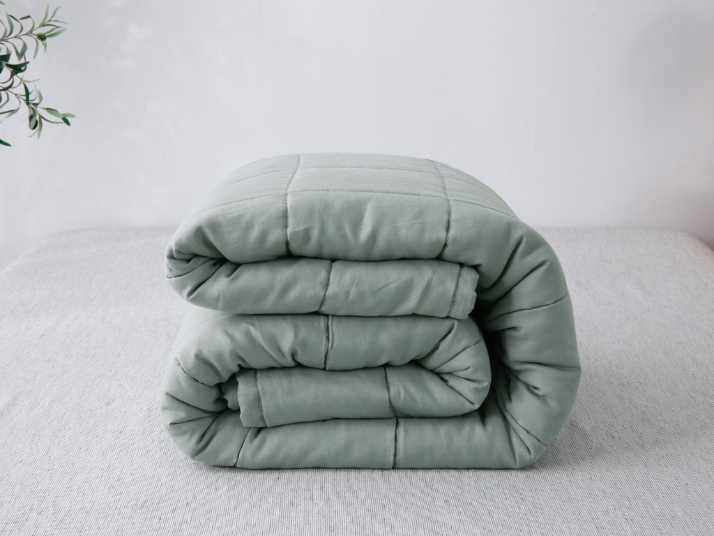 Quilted Linen Blanket - Sage + Pinstripe