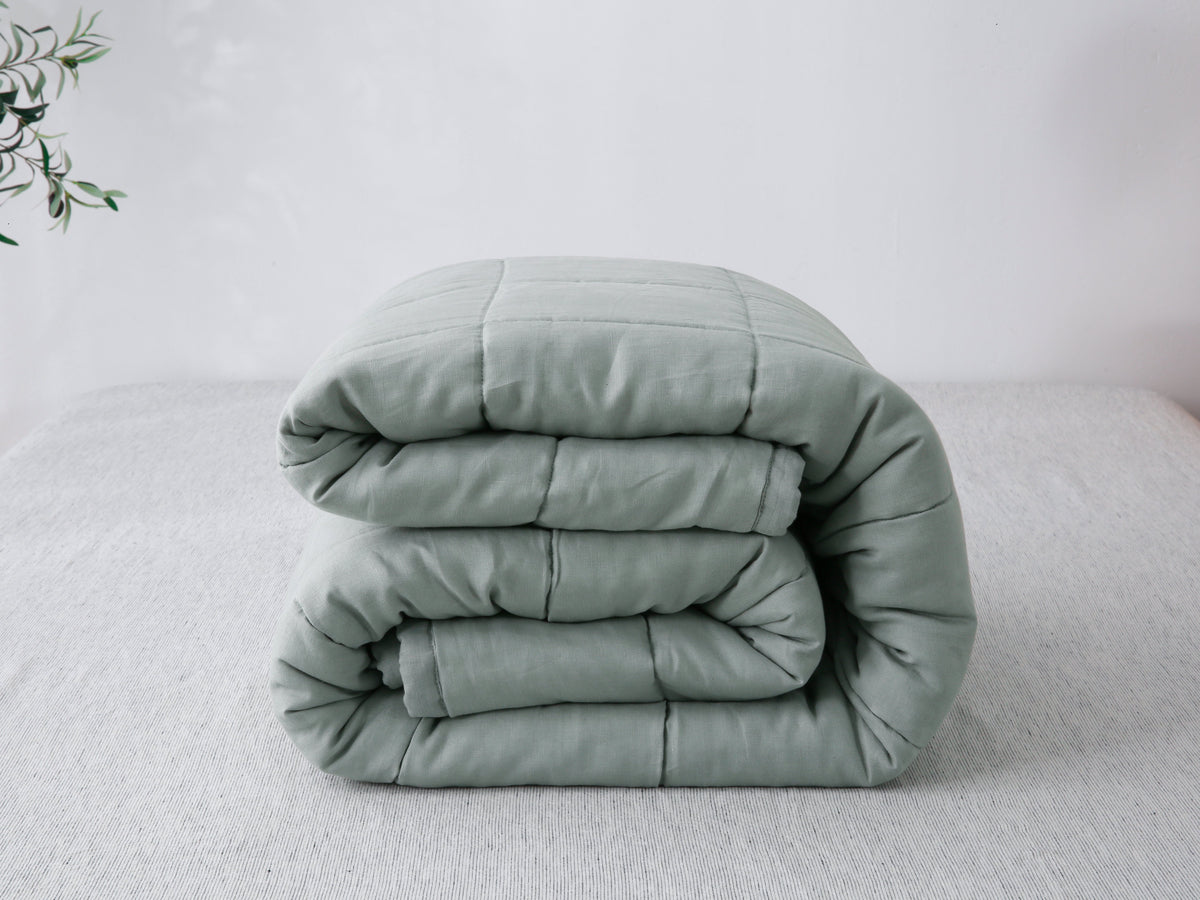 Quilted Linen Blanket - Sage + Pinstripe