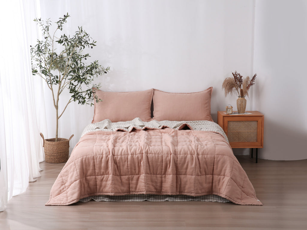 Quilted Linen Blanket - Pink Clay + Beige Gingham