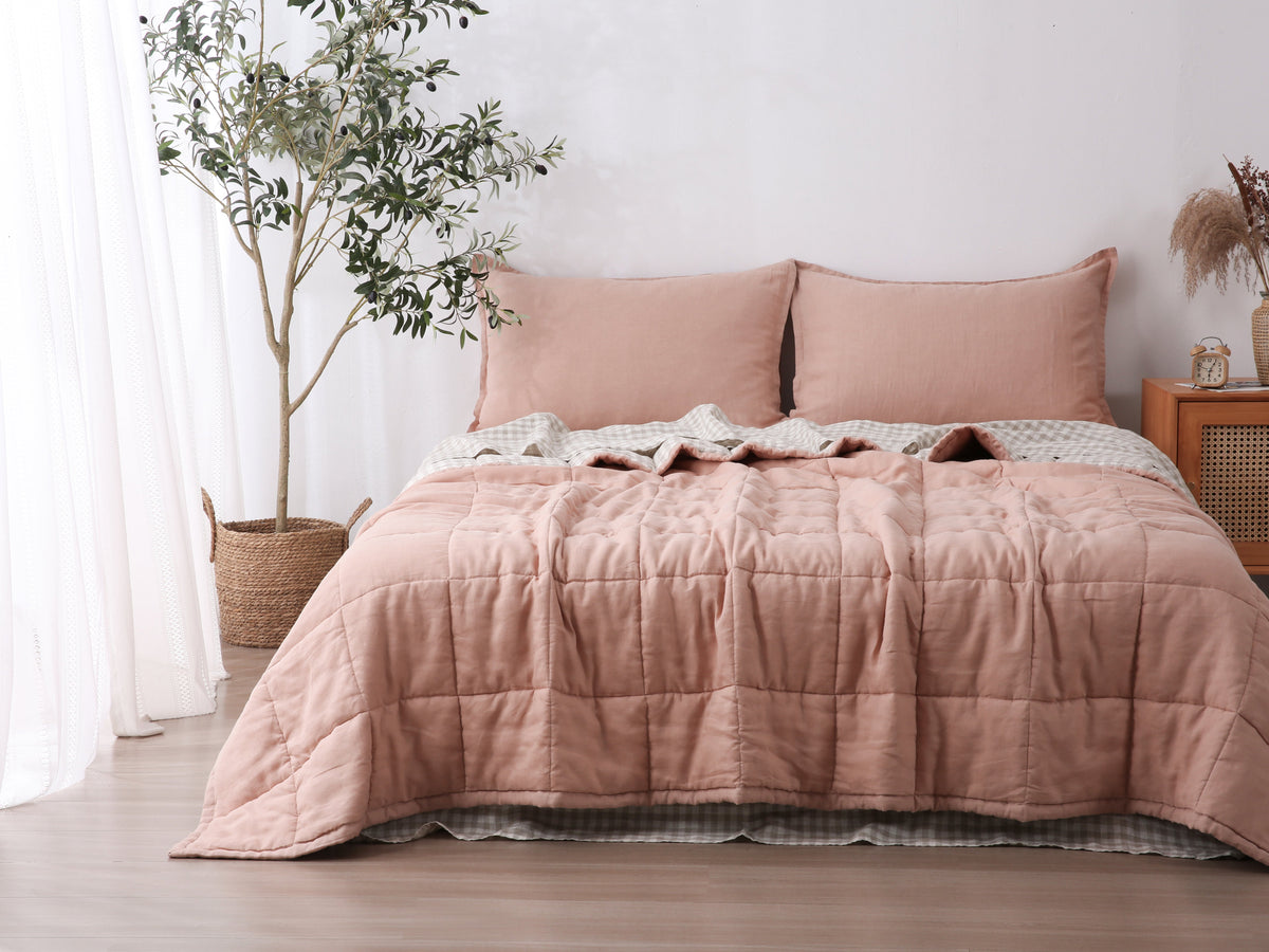 Quilted Linen Blanket - Pink Clay + Beige Gingham