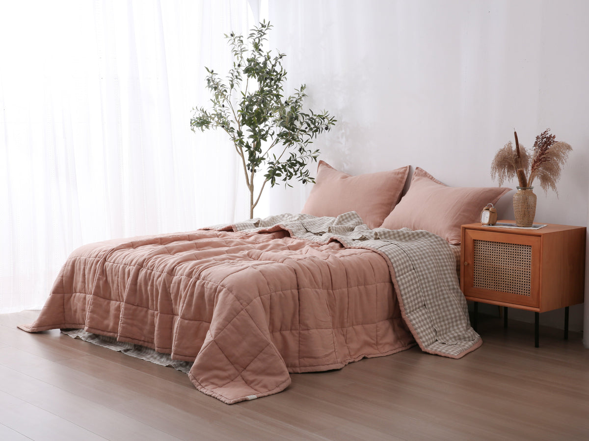 Quilted Linen Blanket - Pink Clay + Beige Gingham