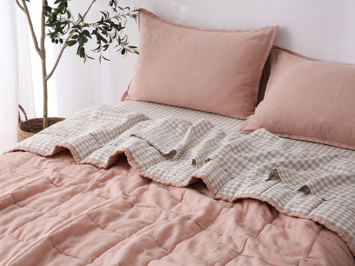Quilted Linen Blanket - Pink Clay + Beige Gingham