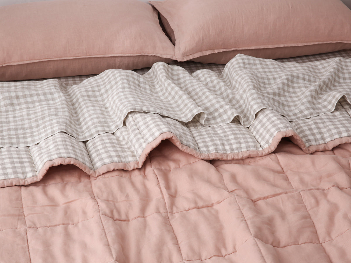 Quilted Linen Blanket - Pink Clay + Beige Gingham