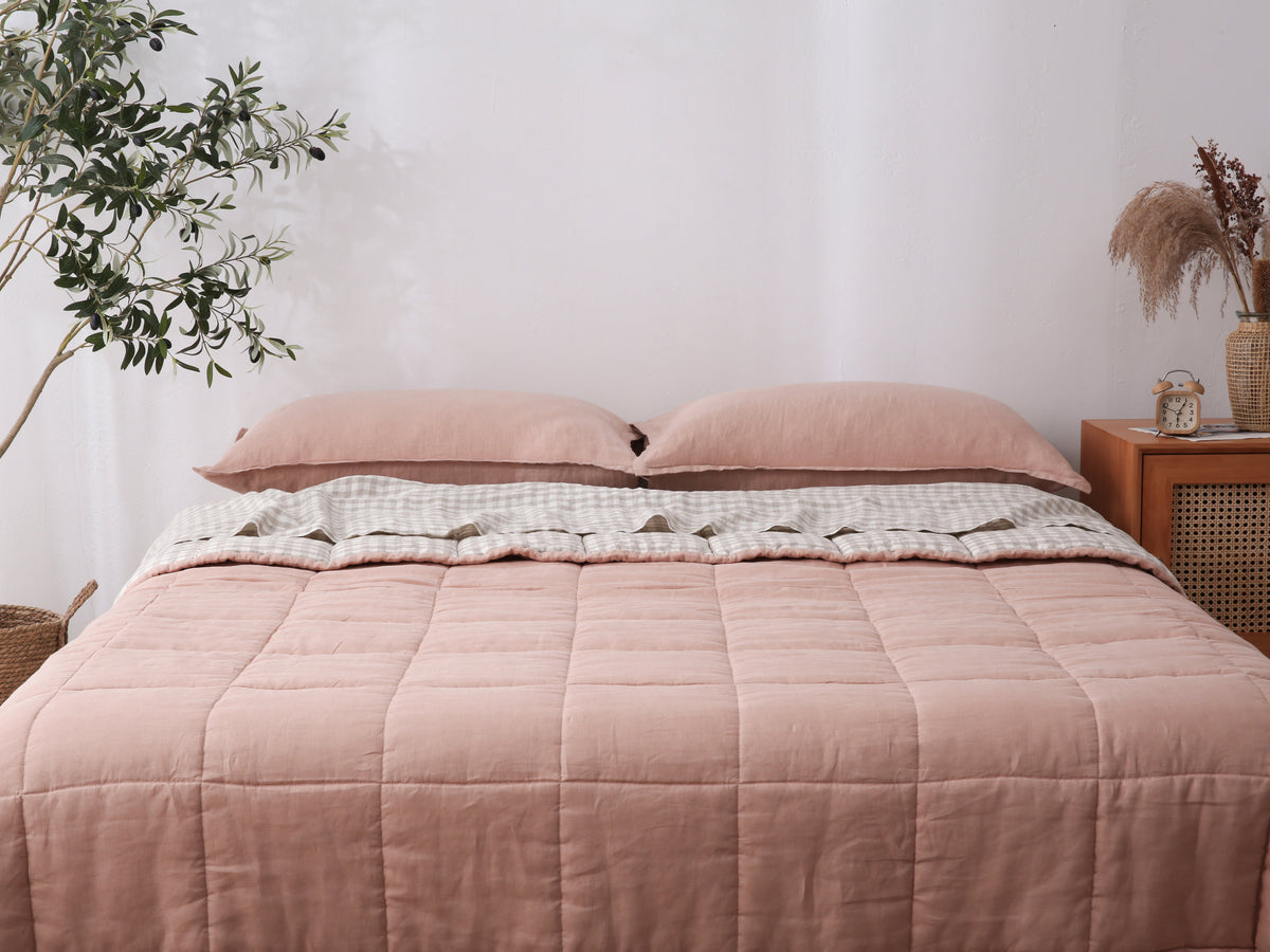 Quilted Linen Blanket - Pink Clay + Beige Gingham