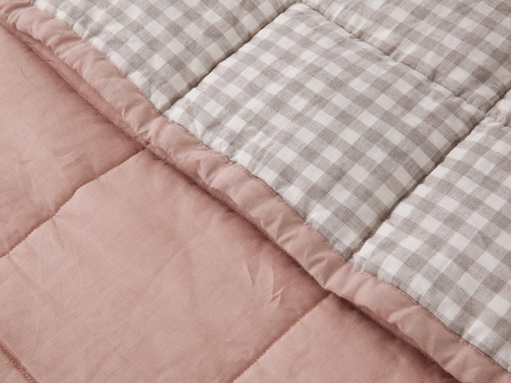 Quilted Linen Blanket - Pink Clay + Beige Gingham
