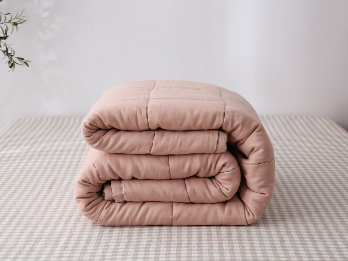 Quilted Linen Blanket - Pink Clay + Beige Gingham