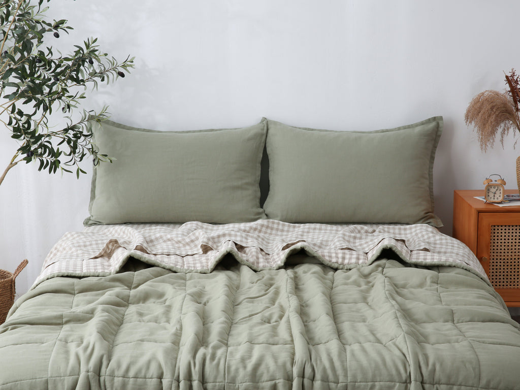 Quilted Linen Blanket - Fern + Beige Gingham