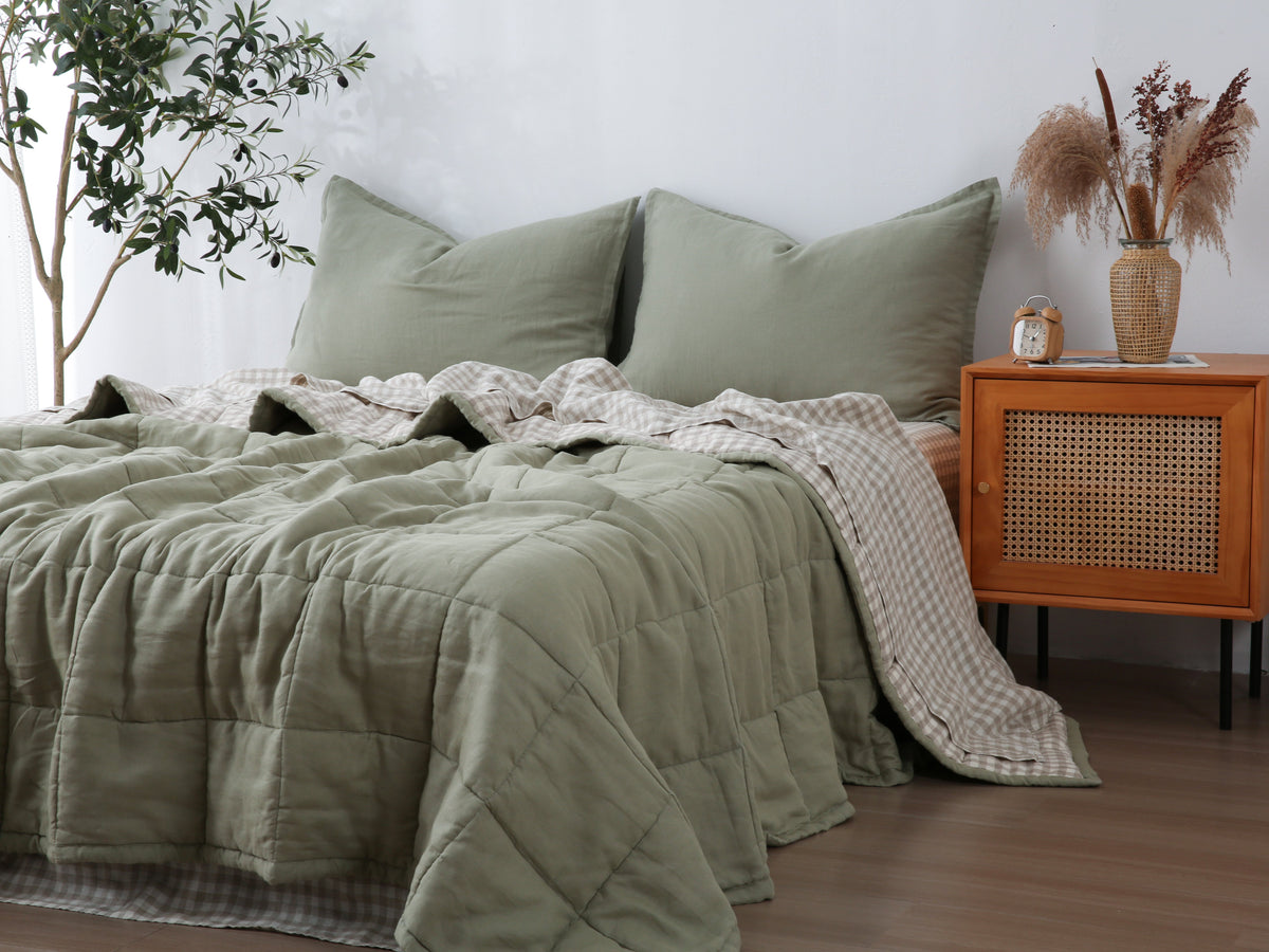 Quilted Linen Blanket - Fern + Beige Gingham