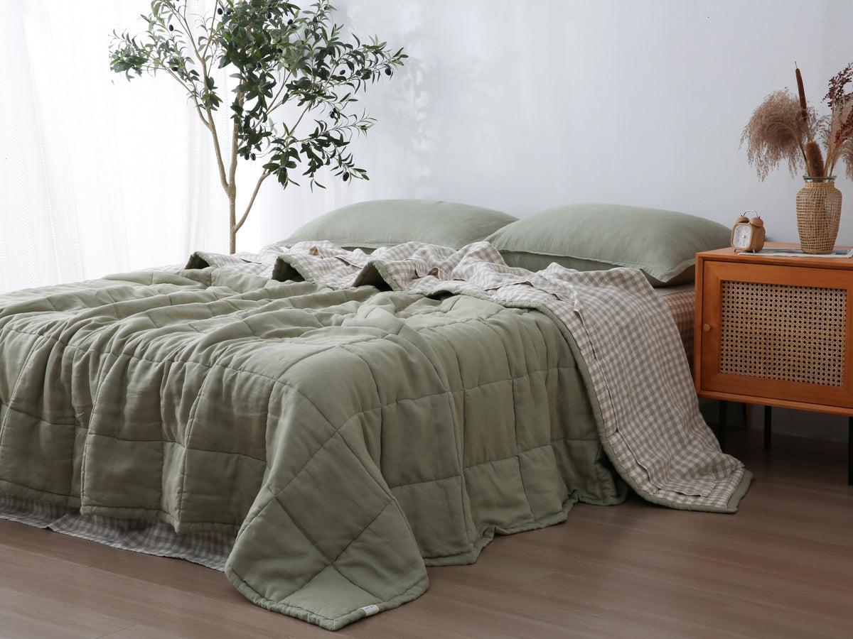 Quilted Linen Blanket - Fern + Beige Gingham