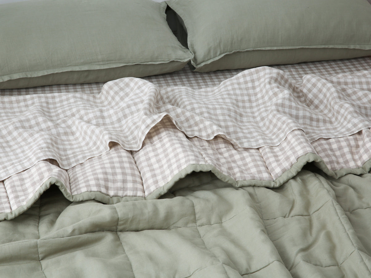 Quilted Linen Blanket - Fern + Beige Gingham