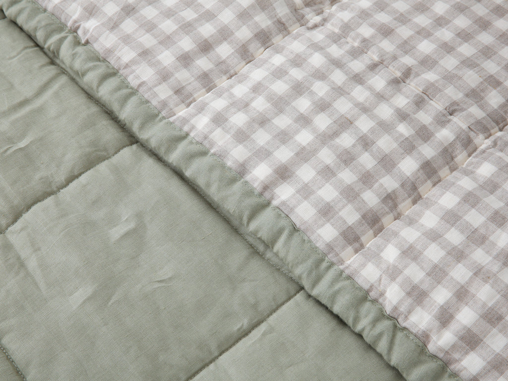 Quilted Linen Blanket - Fern + Beige Gingham