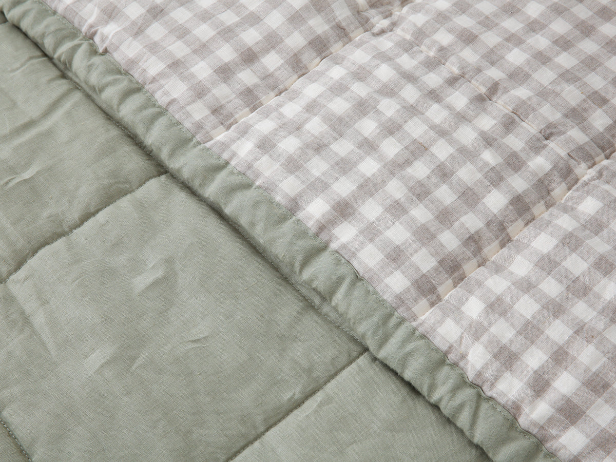 Quilted Linen Blanket - Fern + Beige Gingham