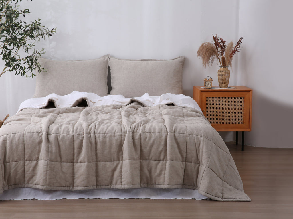 Quilted Linen Blanket - Sand + Snow