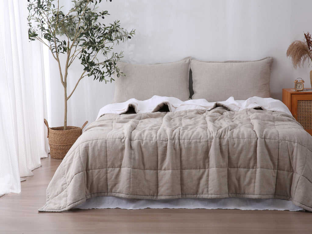 Quilted Linen Blanket - Sand + Snow