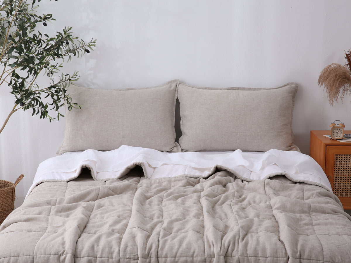 Quilted Linen Blanket - Sand + Snow