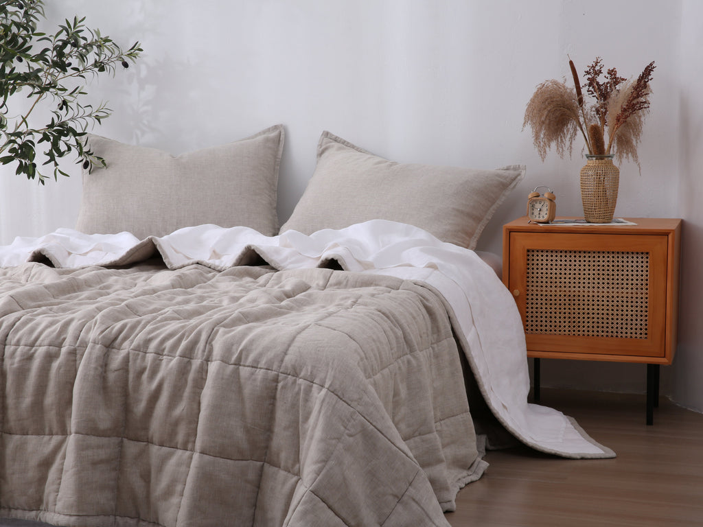 Quilted Linen Blanket - Sand + Snow