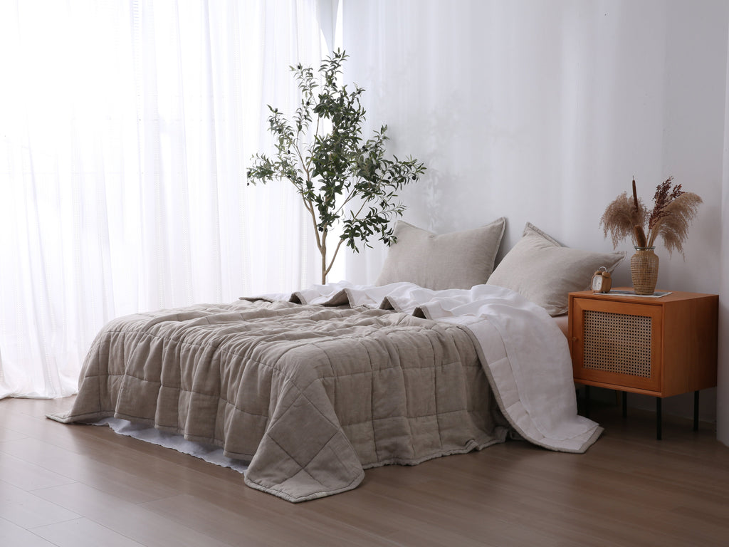 Quilted Linen Blanket - Sand + Snow