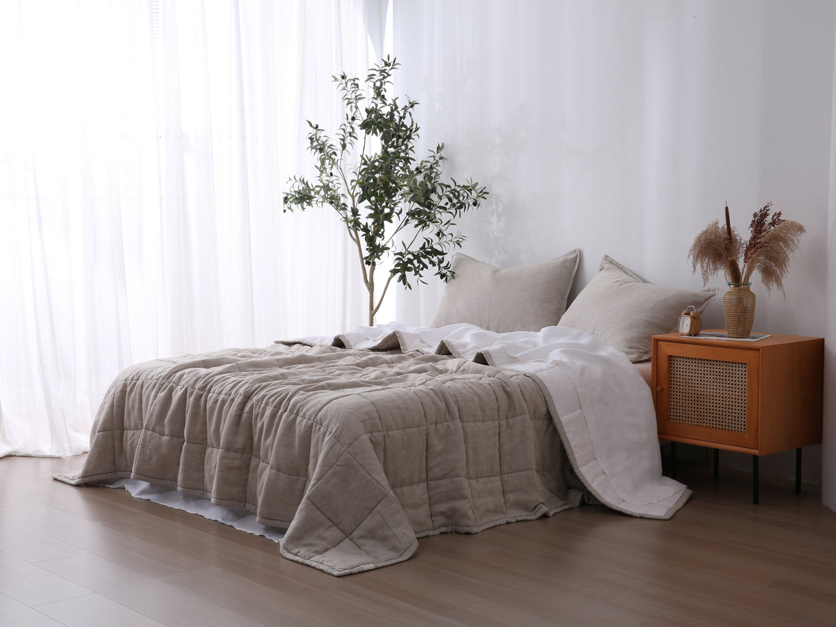 Quilted Linen Blanket - Sand + Snow