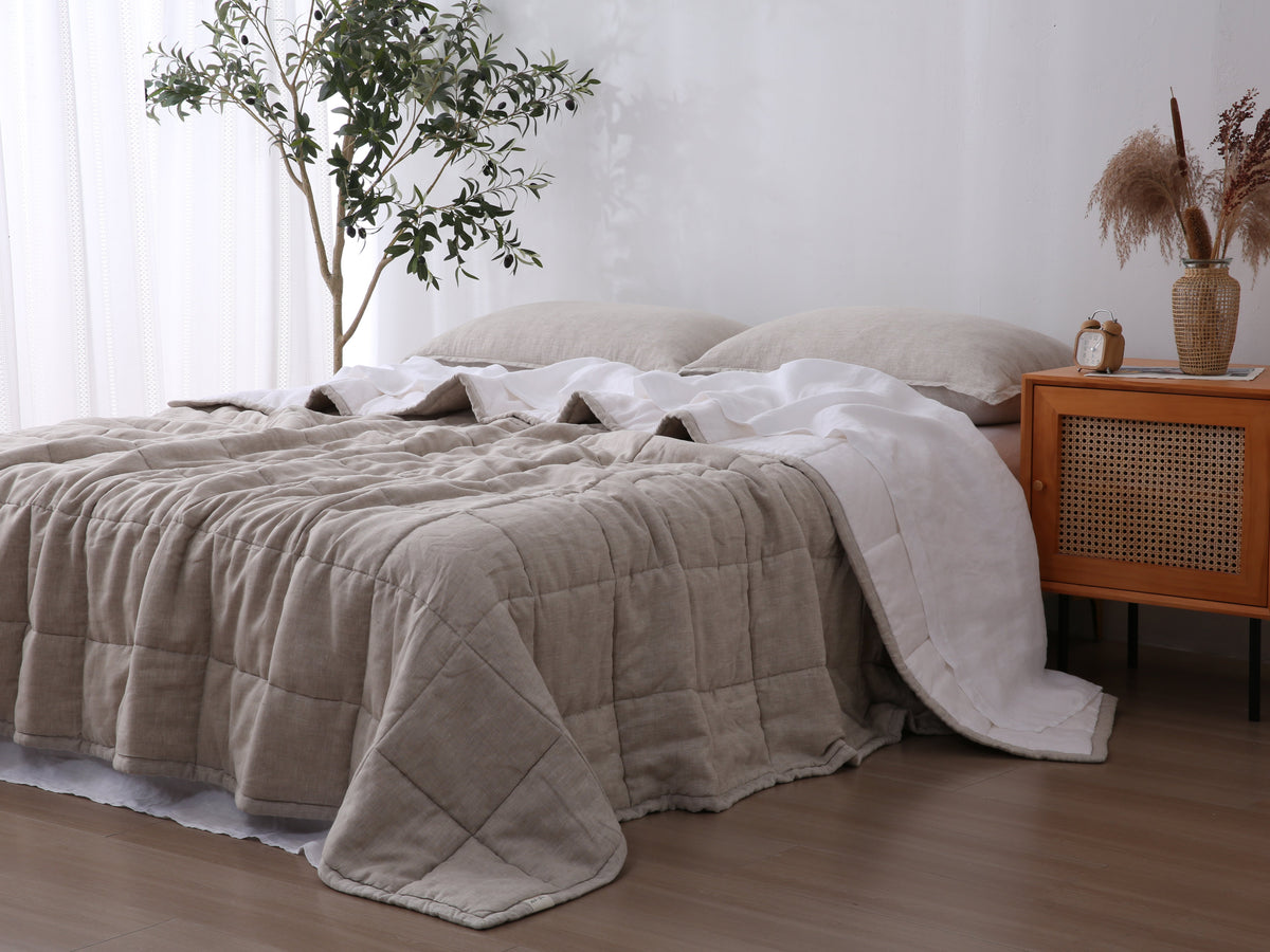 Quilted Linen Blanket - Sand + Snow